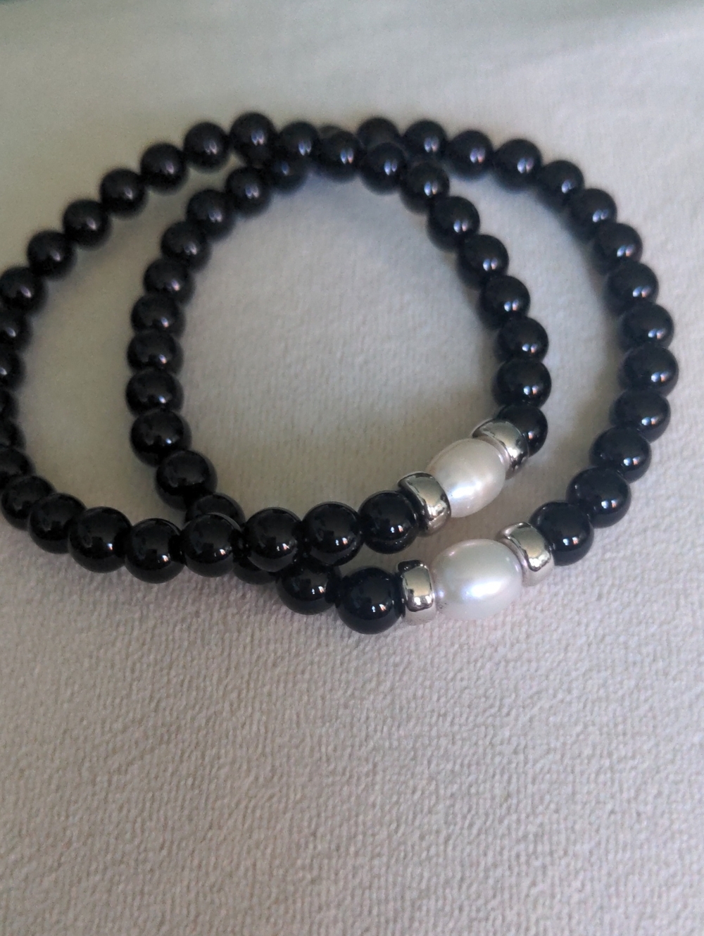 New Black Onyx Beaded Bracelet Set, Pearl & Sterling Silver Accents, Stretchy